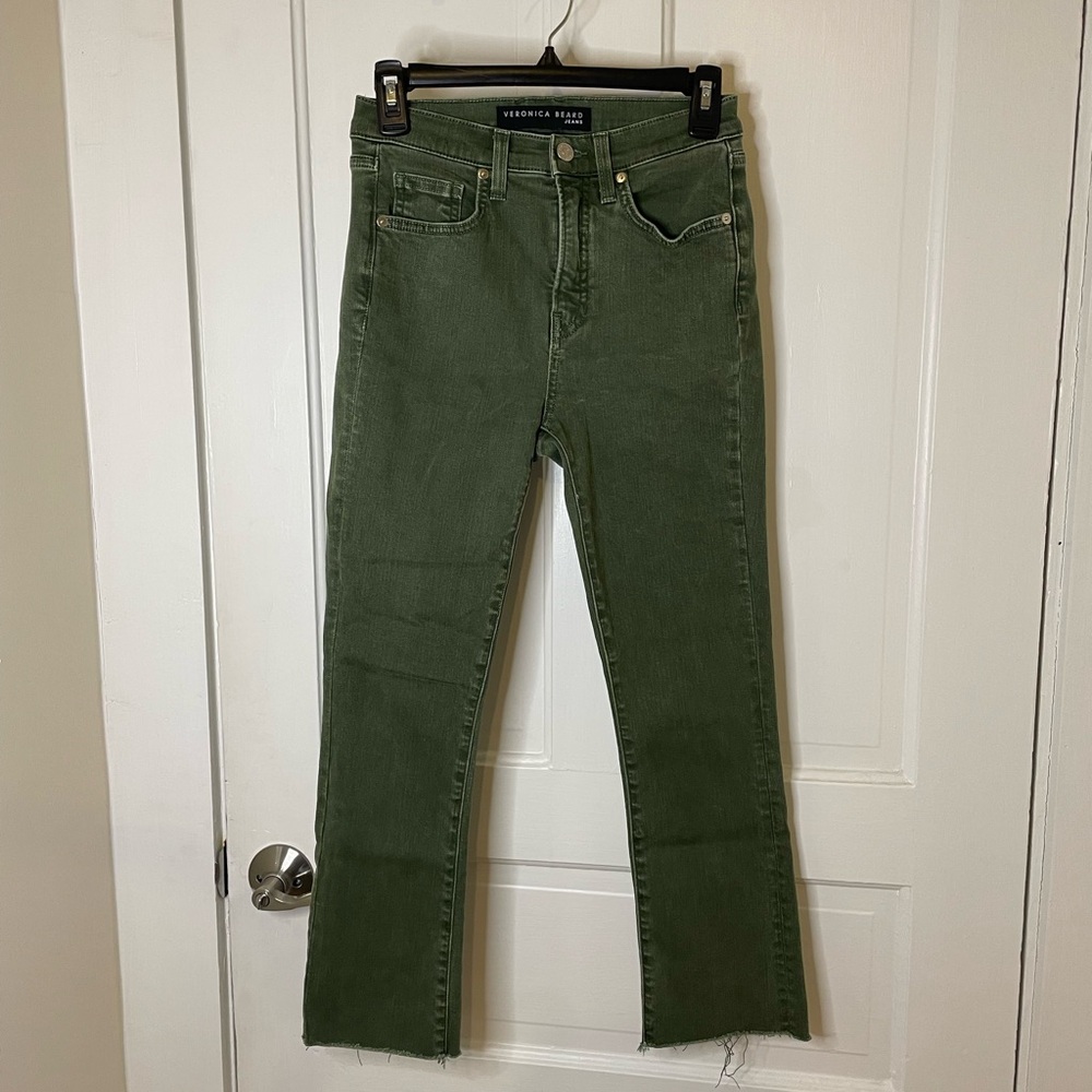 Veronica Beard Jeans Carly Kick Flare High Rise Jeans in Olive Stone Wash